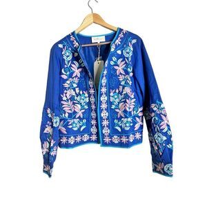 LA BELLUM BY HILLARY SCOTT BLUE & MULTI FLORAL EMBROIDERED JACKET SIZE L - NWT